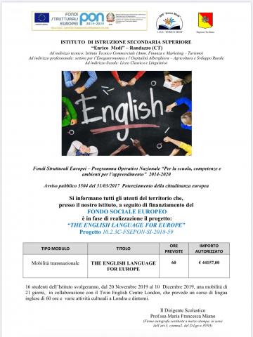 “THE ENGLISH LANGUAGE FOR EUROPE” Progetto 10.2.3C-FSEPON-SI-2018-59